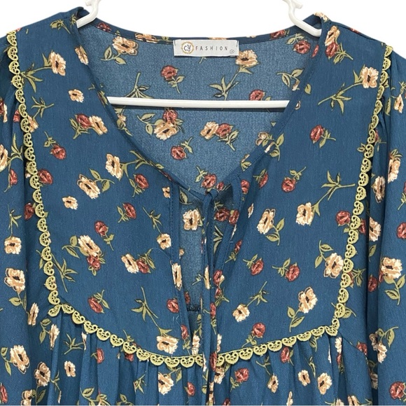 Teal Floral Boho Blouse with Balloon Sleeves XL - Picture 5 of 6